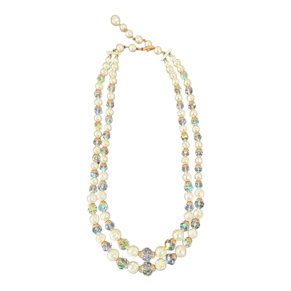 Vintage Crystal & Pearl Bead 2 Strand Necklace